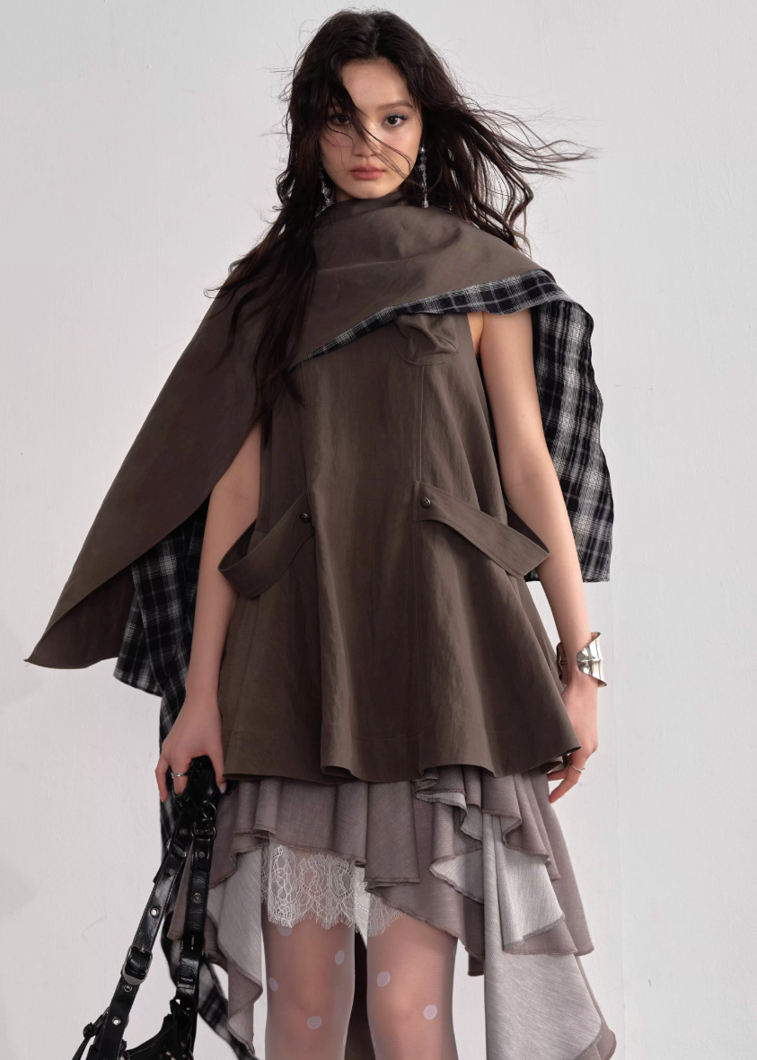 JNYLON detachable cape sundress women, Korean stylish earth tone dress, modern Korean fashion layered dress, chic natural style sundress women, trendy Korean street chic outfit, playful layered earth color dress, lightweight Korean fashion sundress, urban fashion cape dress women, stylish Korean aesthetic sundress, fashionable natural style dress women