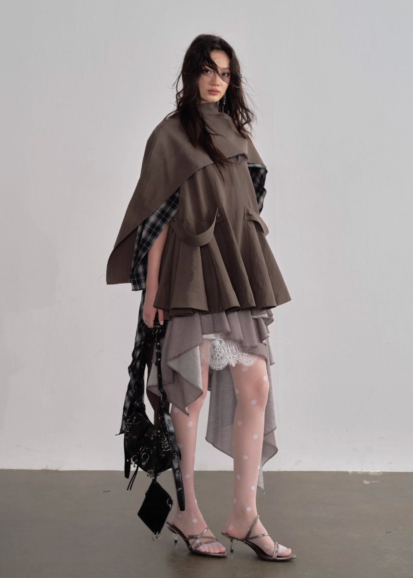 JNYLON detachable cape sundress women, Korean stylish earth tone dress, modern Korean fashion layered dress, chic natural style sundress women, trendy Korean street chic outfit, playful layered earth color dress, lightweight Korean fashion sundress, urban fashion cape dress women, stylish Korean aesthetic sundress, fashionable natural style dress women