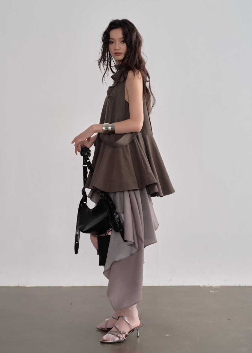 JNYLON detachable cape sundress women, Korean stylish earth tone dress, modern Korean fashion layered dress, chic natural style sundress women, trendy Korean street chic outfit, playful layered earth color dress, lightweight Korean fashion sundress, urban fashion cape dress women, stylish Korean aesthetic sundress, fashionable natural style dress women