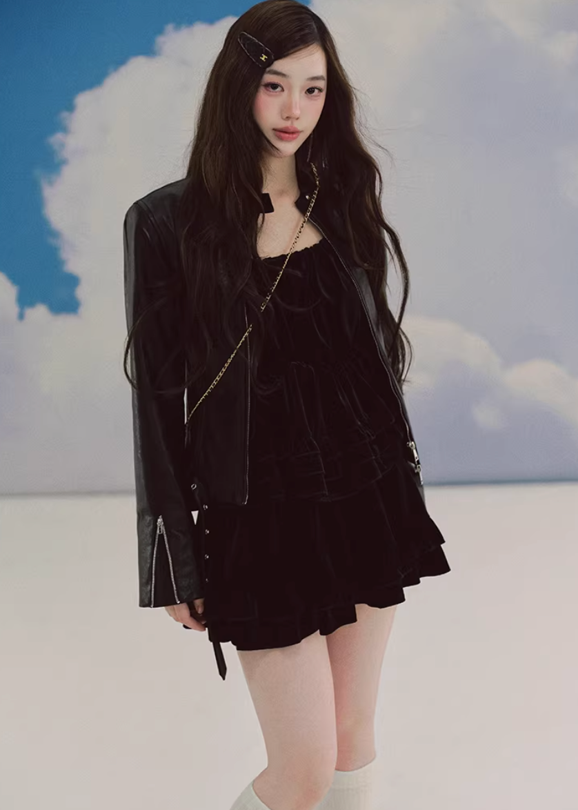 LaluneDuCiel leather jacket women, Korean feminine moto jacket, stand collar cropped leather jacket, romantic retro leather outerwear, pebble texture faux leather jacket, elegant Korean style jacket, waist fitted leather jacket women, versatile feminine biker jacket, chic Korean fashion outerwear, soft structured leather jacket