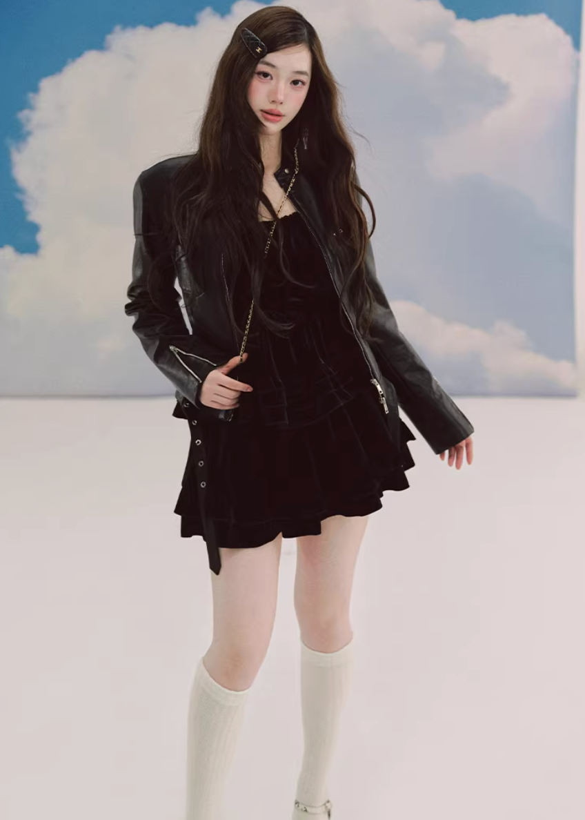 LaluneDuCiel leather jacket women, Korean feminine moto jacket, stand collar cropped leather jacket, romantic retro leather outerwear, pebble texture faux leather jacket, elegant Korean style jacket, waist fitted leather jacket women, versatile feminine biker jacket, chic Korean fashion outerwear, soft structured leather jacket