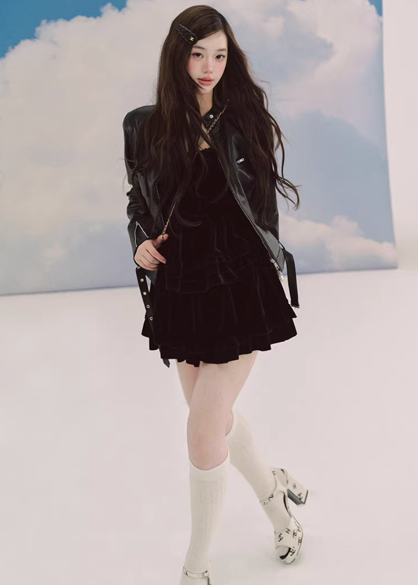 LaluneDuCiel leather jacket women, Korean feminine moto jacket, stand collar cropped leather jacket, romantic retro leather outerwear, pebble texture faux leather jacket, elegant Korean style jacket, waist fitted leather jacket women, versatile feminine biker jacket, chic Korean fashion outerwear, soft structured leather jacket