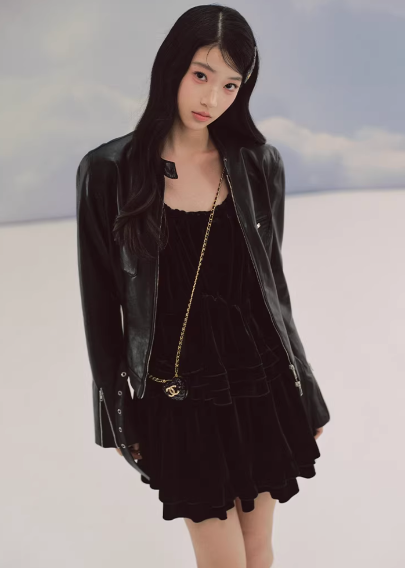 LaluneDuCiel leather jacket women, Korean feminine moto jacket, stand collar cropped leather jacket, romantic retro leather outerwear, pebble texture faux leather jacket, elegant Korean style jacket, waist fitted leather jacket women, versatile feminine biker jacket, chic Korean fashion outerwear, soft structured leather jacket