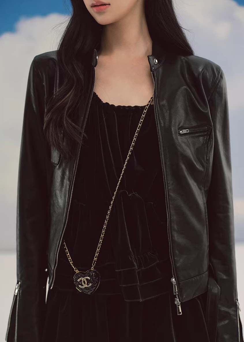 LaluneDuCiel leather jacket women, Korean feminine moto jacket, stand collar cropped leather jacket, romantic retro leather outerwear, pebble texture faux leather jacket, elegant Korean style jacket, waist fitted leather jacket women, versatile feminine biker jacket, chic Korean fashion outerwear, soft structured leather jacket