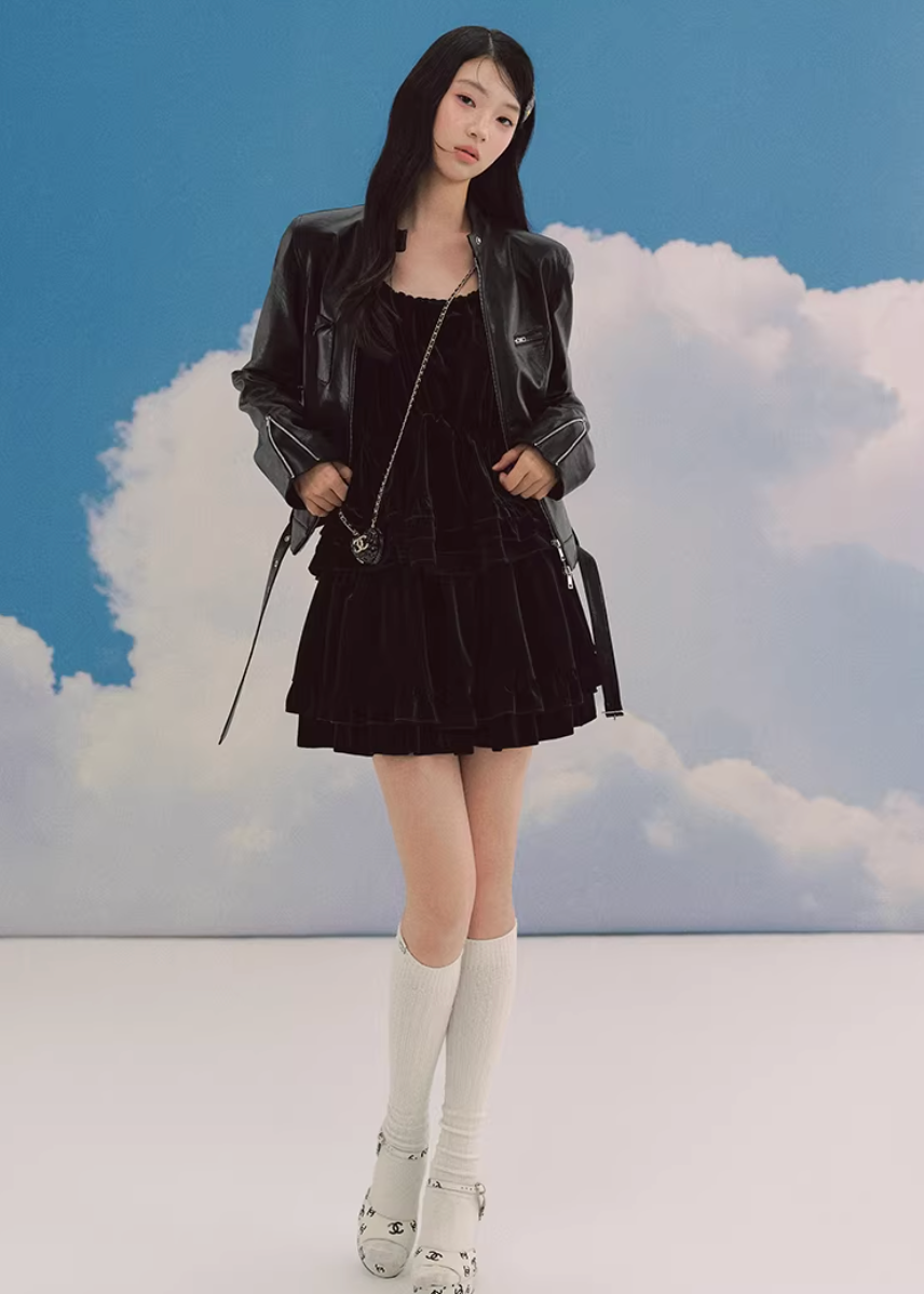 LaluneDuCiel leather jacket women, Korean feminine moto jacket, stand collar cropped leather jacket, romantic retro leather outerwear, pebble texture faux leather jacket, elegant Korean style jacket, waist fitted leather jacket women, versatile feminine biker jacket, chic Korean fashion outerwear, soft structured leather jacket