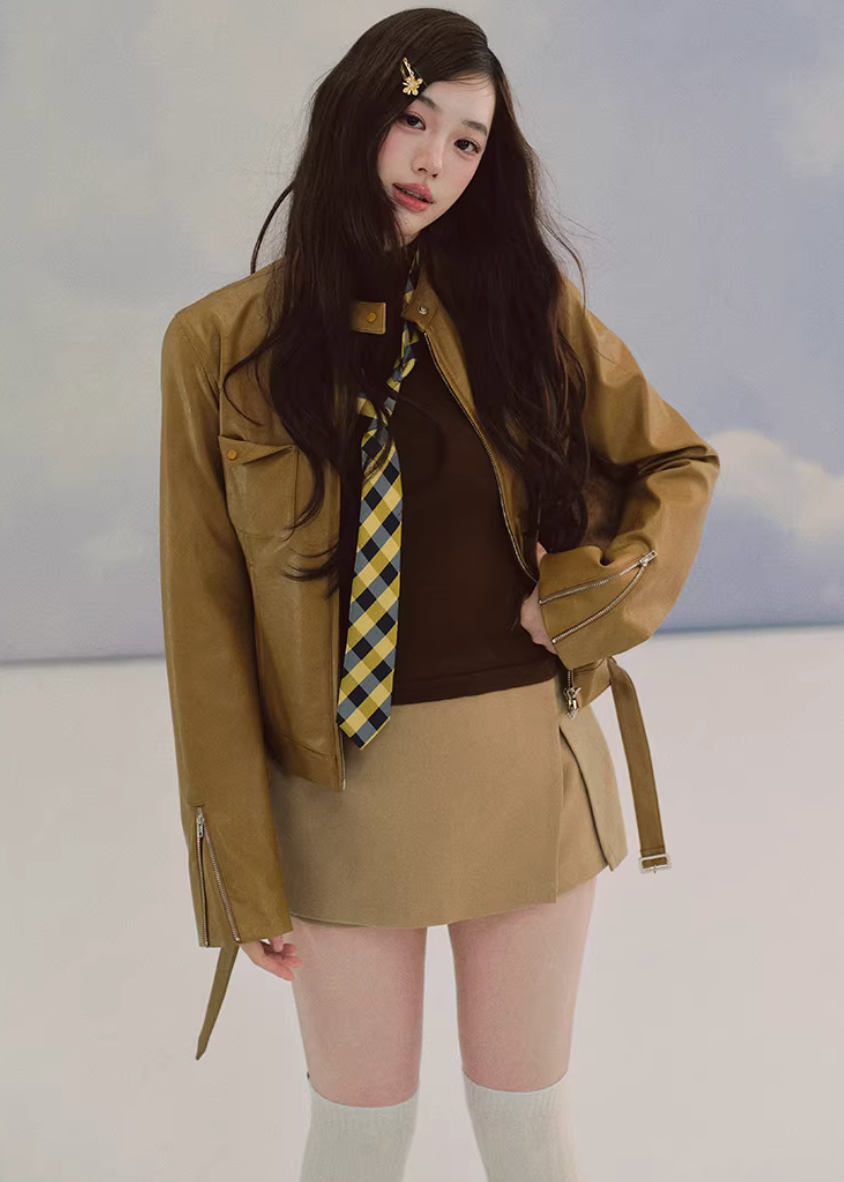 LaluneDuCiel leather jacket women, Korean feminine moto jacket, stand collar cropped leather jacket, romantic retro leather outerwear, pebble texture faux leather jacket, elegant Korean style jacket, waist fitted leather jacket women, versatile feminine biker jacket, chic Korean fashion outerwear, soft structured leather jacket