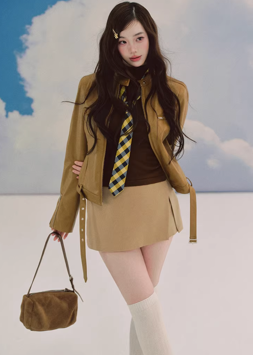 LaluneDuCiel leather jacket women, Korean feminine moto jacket, stand collar cropped leather jacket, romantic retro leather outerwear, pebble texture faux leather jacket, elegant Korean style jacket, waist fitted leather jacket women, versatile feminine biker jacket, chic Korean fashion outerwear, soft structured leather jacket