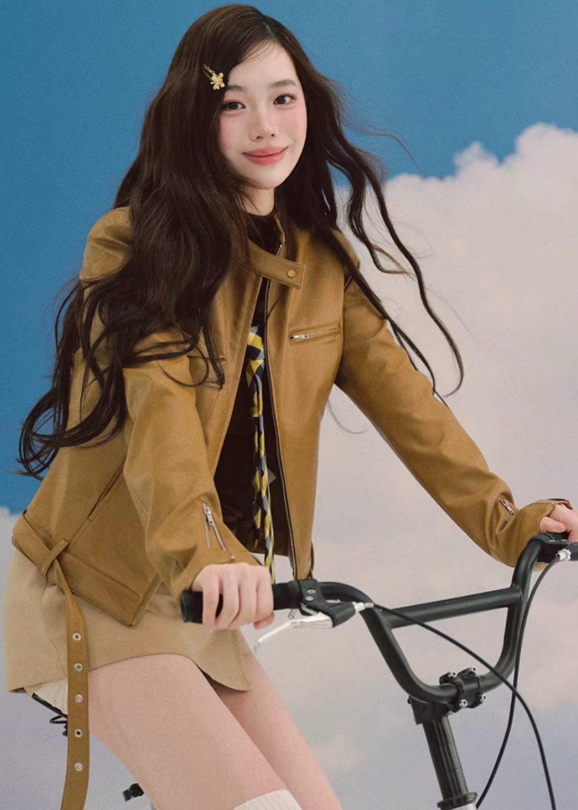 LaluneDuCiel leather jacket women, Korean feminine moto jacket, stand collar cropped leather jacket, romantic retro leather outerwear, pebble texture faux leather jacket, elegant Korean style jacket, waist fitted leather jacket women, versatile feminine biker jacket, chic Korean fashion outerwear, soft structured leather jacket