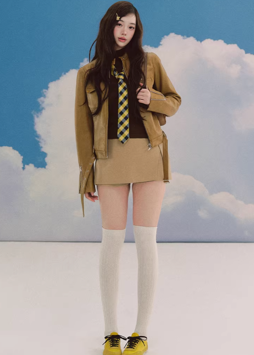 LaluneDuCiel leather jacket women, Korean feminine moto jacket, stand collar cropped leather jacket, romantic retro leather outerwear, pebble texture faux leather jacket, elegant Korean style jacket, waist fitted leather jacket women, versatile feminine biker jacket, chic Korean fashion outerwear, soft structured leather jacket