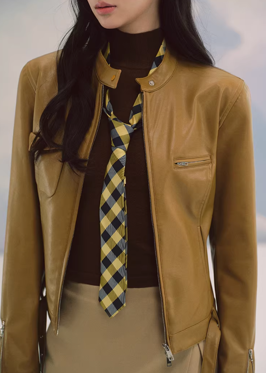 LaluneDuCiel leather jacket women, Korean feminine moto jacket, stand collar cropped leather jacket, romantic retro leather outerwear, pebble texture faux leather jacket, elegant Korean style jacket, waist fitted leather jacket women, versatile feminine biker jacket, chic Korean fashion outerwear, soft structured leather jacket