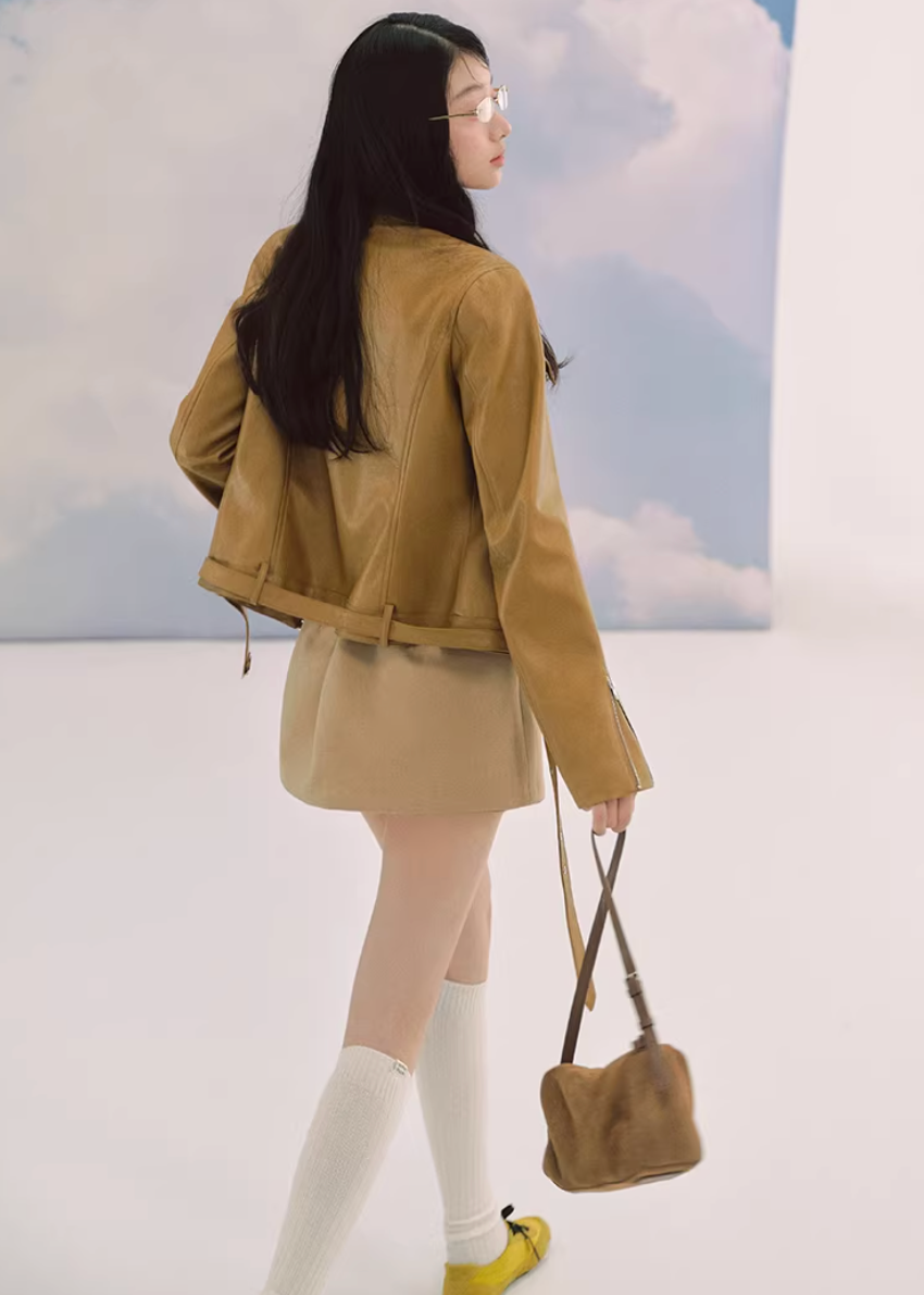 LaluneDuCiel leather jacket women, Korean feminine moto jacket, stand collar cropped leather jacket, romantic retro leather outerwear, pebble texture faux leather jacket, elegant Korean style jacket, waist fitted leather jacket women, versatile feminine biker jacket, chic Korean fashion outerwear, soft structured leather jacket