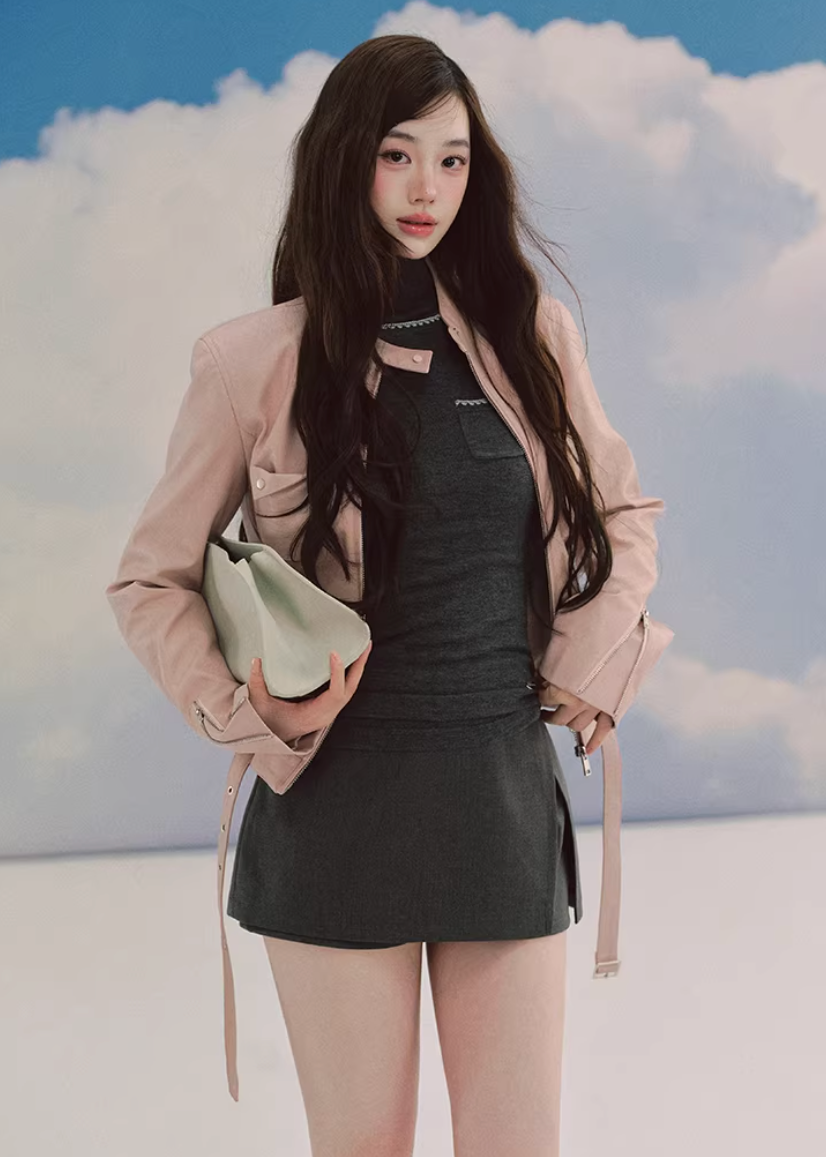 LaluneDuCiel leather jacket women, Korean feminine moto jacket, stand collar cropped leather jacket, romantic retro leather outerwear, pebble texture faux leather jacket, elegant Korean style jacket, waist fitted leather jacket women, versatile feminine biker jacket, chic Korean fashion outerwear, soft structured leather jacket