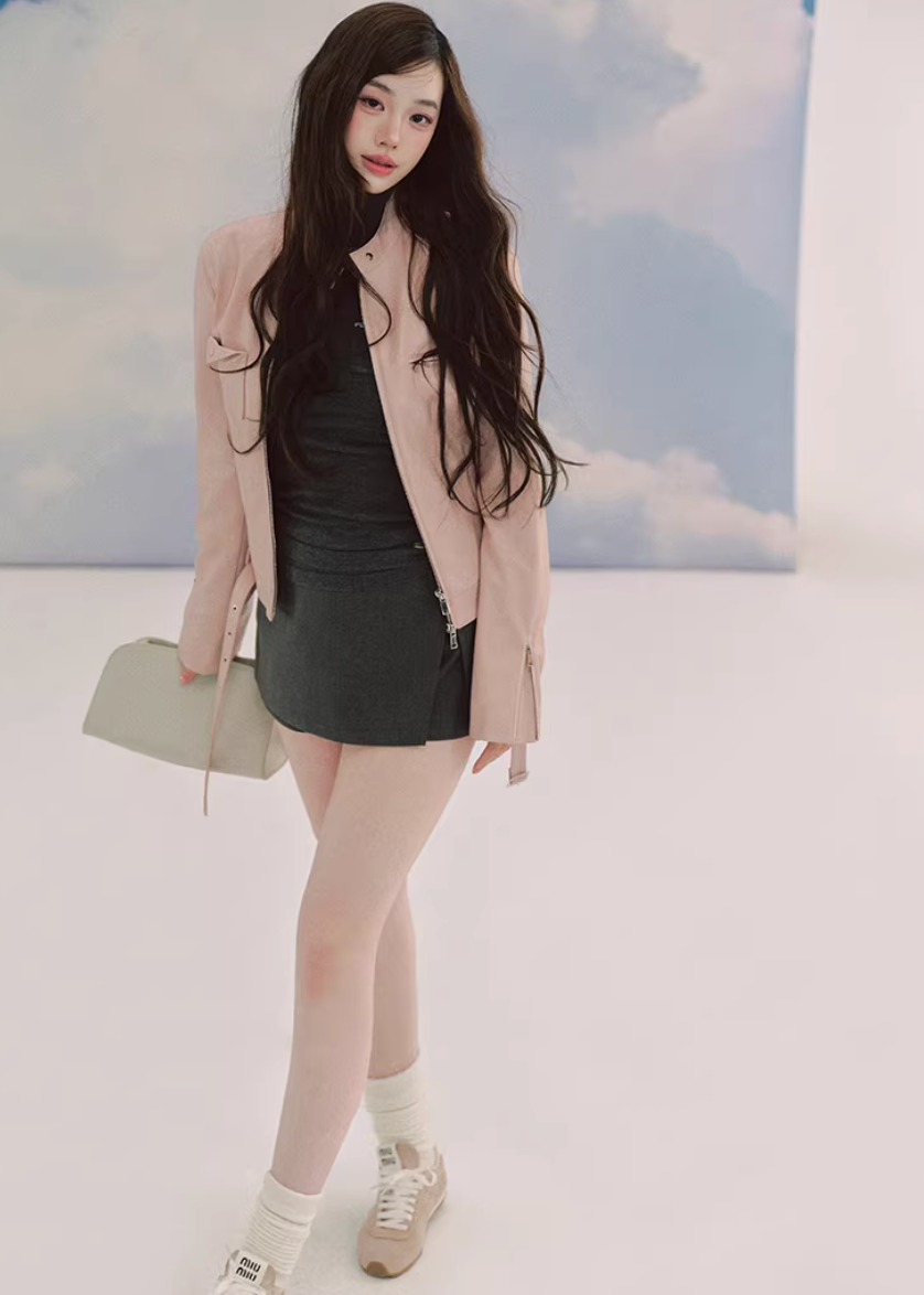 LaluneDuCiel leather jacket women, Korean feminine moto jacket, stand collar cropped leather jacket, romantic retro leather outerwear, pebble texture faux leather jacket, elegant Korean style jacket, waist fitted leather jacket women, versatile feminine biker jacket, chic Korean fashion outerwear, soft structured leather jacket