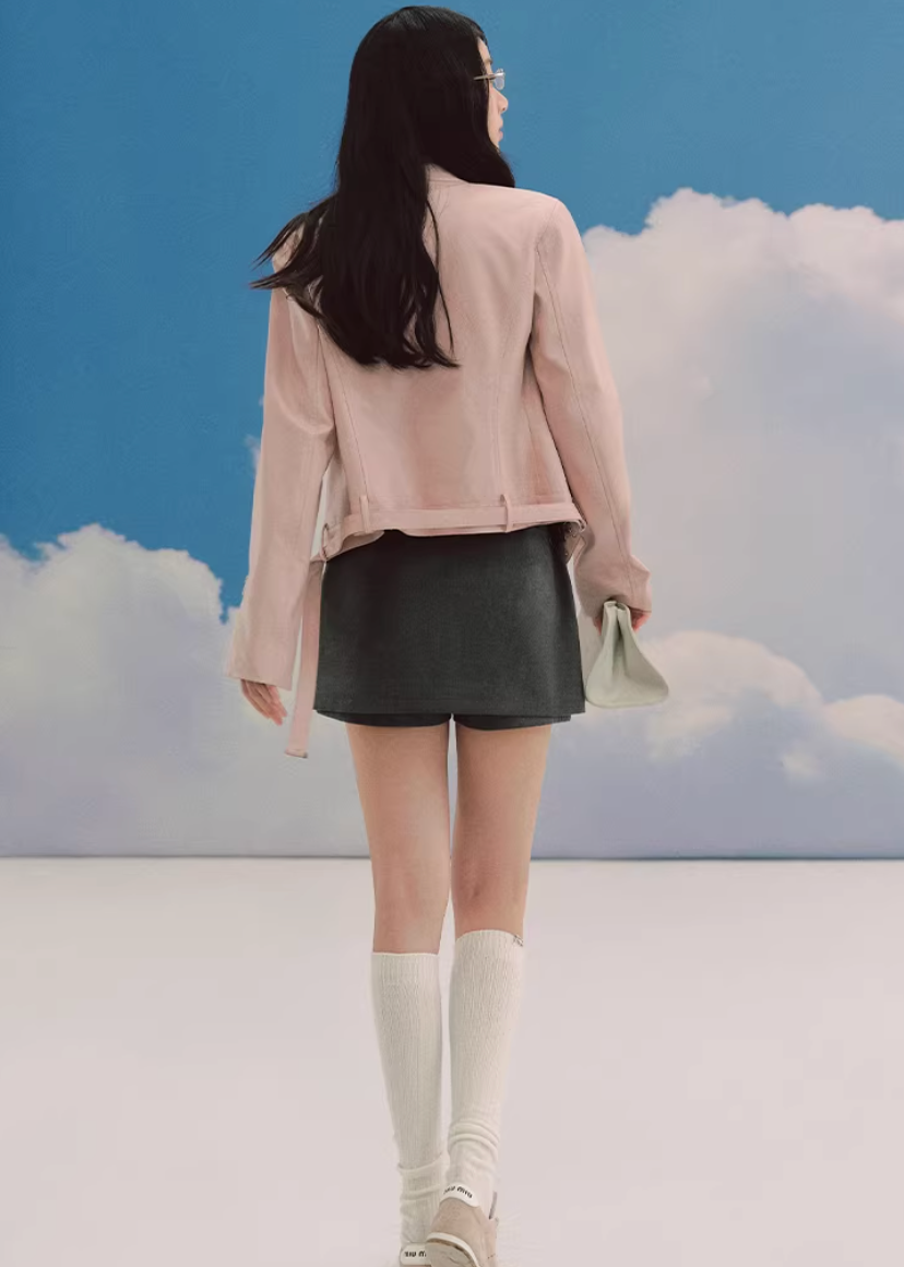 LaluneDuCiel leather jacket women, Korean feminine moto jacket, stand collar cropped leather jacket, romantic retro leather outerwear, pebble texture faux leather jacket, elegant Korean style jacket, waist fitted leather jacket women, versatile feminine biker jacket, chic Korean fashion outerwear, soft structured leather jacket