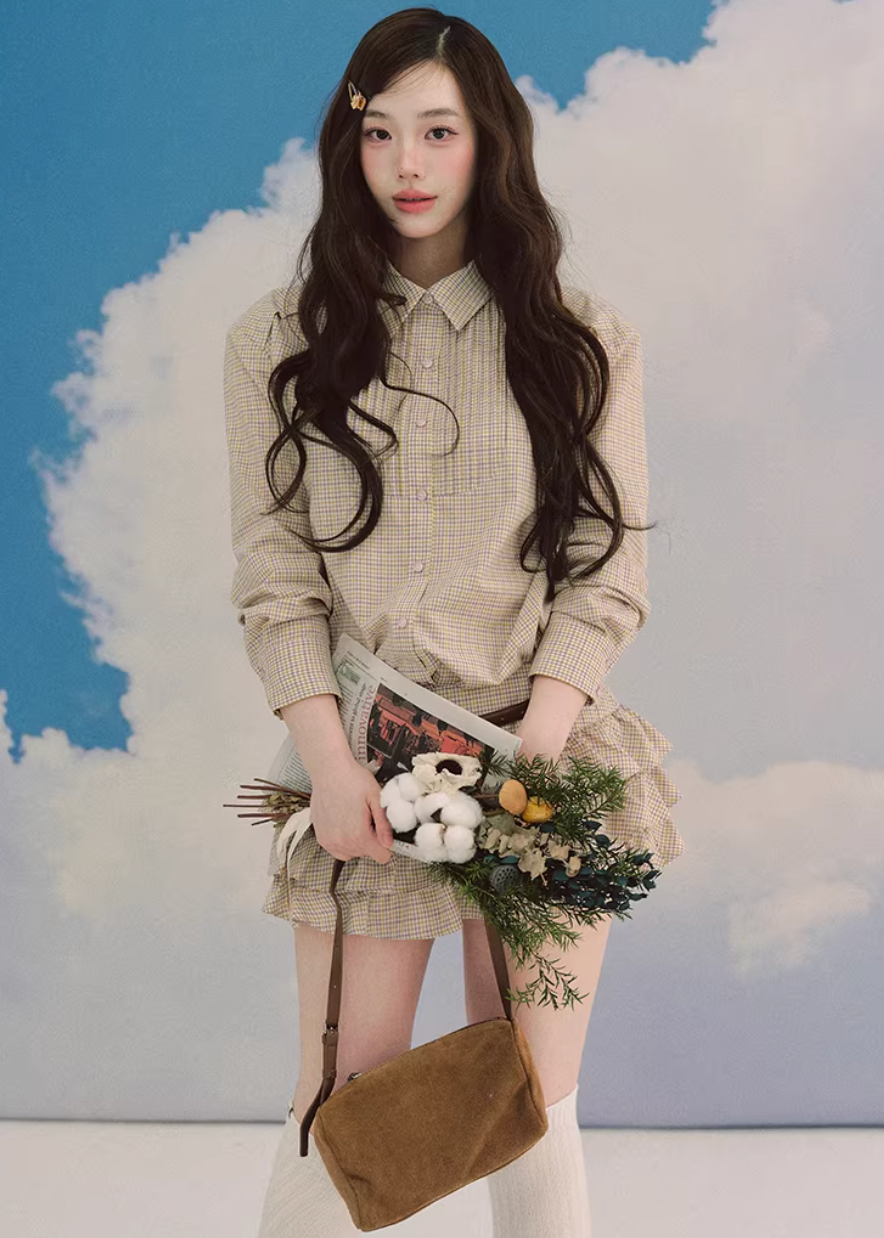 LaluneDuCiel plaid skirt set women, Korean feminine prep outfit, vintage plaid shirt and skirt set, elegant Korean style twinset, soft academia fashion women, puffy mini skirt plaid set, chic Korean campus look, layered plaid skirt outfit, romantic prep style womenswear, versatile feminine plaid ensemble