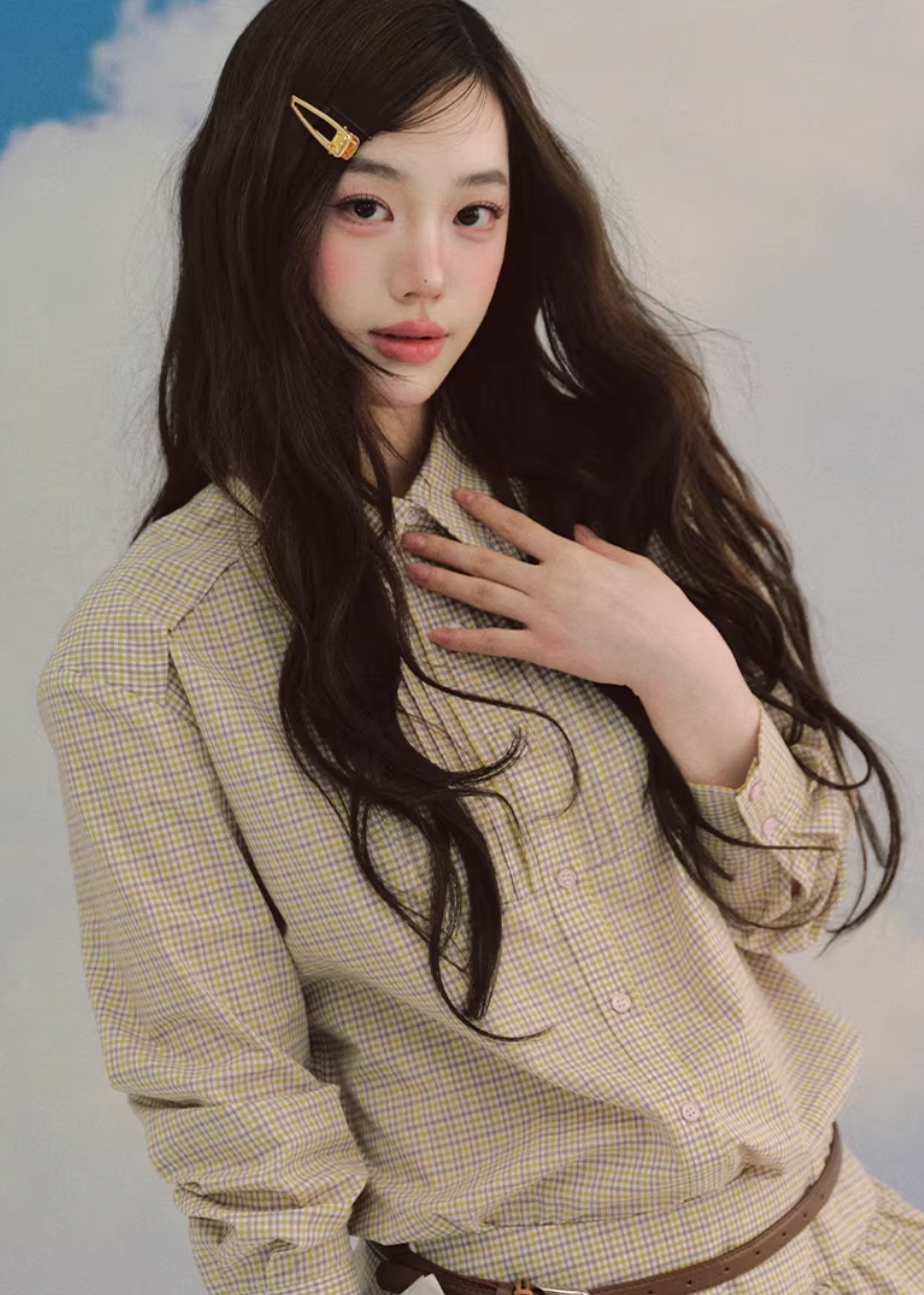 LaluneDuCiel plaid skirt set women, Korean feminine prep outfit, vintage plaid shirt and skirt set, elegant Korean style twinset, soft academia fashion women, puffy mini skirt plaid set, chic Korean campus look, layered plaid skirt outfit, romantic prep style womenswear, versatile feminine plaid ensemble