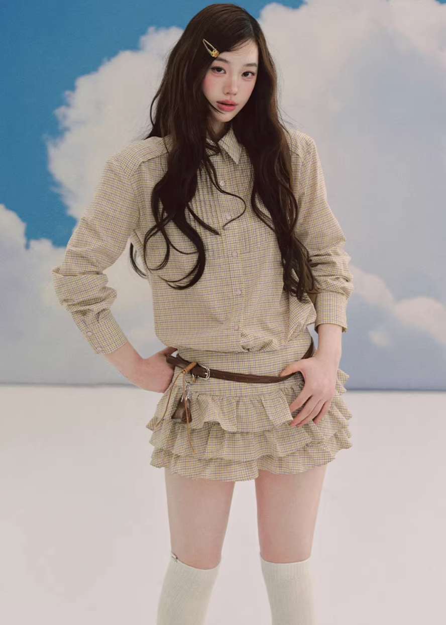 LaluneDuCiel plaid skirt set women, Korean feminine prep outfit, vintage plaid shirt and skirt set, elegant Korean style twinset, soft academia fashion women, puffy mini skirt plaid set, chic Korean campus look, layered plaid skirt outfit, romantic prep style womenswear, versatile feminine plaid ensemble