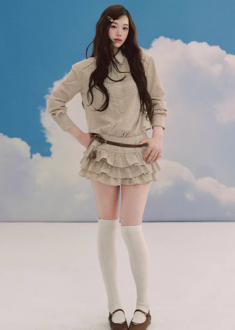 LaluneDuCiel plaid skirt set women, Korean feminine prep outfit, vintage plaid shirt and skirt set, elegant Korean style twinset, soft academia fashion women, puffy mini skirt plaid set, chic Korean campus look, layered plaid skirt outfit, romantic prep style womenswear, versatile feminine plaid ensemble