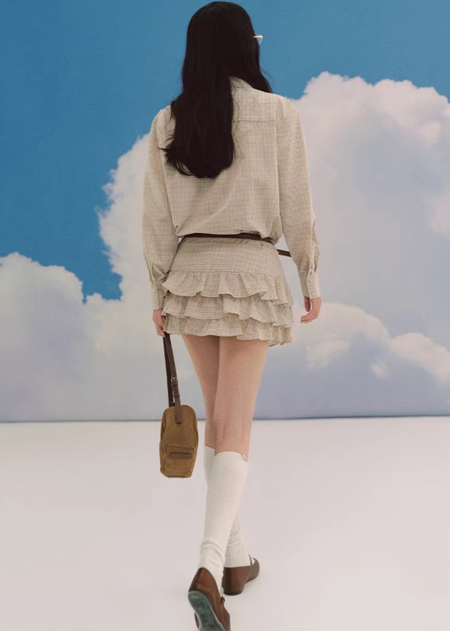 LaluneDuCiel plaid skirt set women, Korean feminine prep outfit, vintage plaid shirt and skirt set, elegant Korean style twinset, soft academia fashion women, puffy mini skirt plaid set, chic Korean campus look, layered plaid skirt outfit, romantic prep style womenswear, versatile feminine plaid ensemble