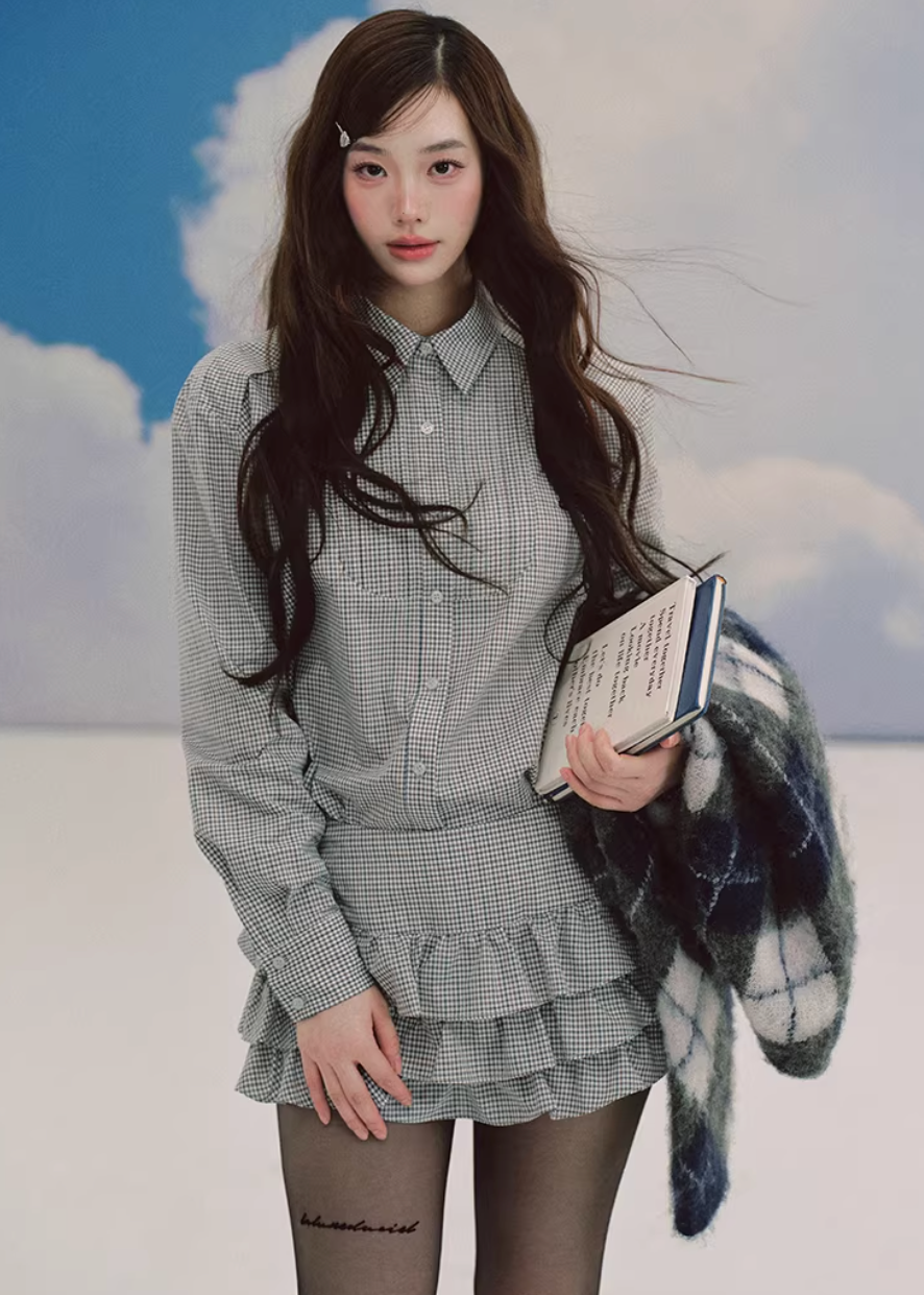 LaluneDuCiel plaid skirt set women, Korean feminine prep outfit, vintage plaid shirt and skirt set, elegant Korean style twinset, soft academia fashion women, puffy mini skirt plaid set, chic Korean campus look, layered plaid skirt outfit, romantic prep style womenswear, versatile feminine plaid ensemble