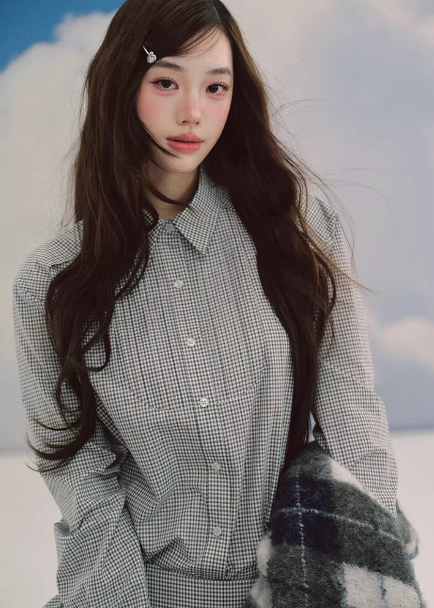 LaluneDuCiel plaid skirt set women, Korean feminine prep outfit, vintage plaid shirt and skirt set, elegant Korean style twinset, soft academia fashion women, puffy mini skirt plaid set, chic Korean campus look, layered plaid skirt outfit, romantic prep style womenswear, versatile feminine plaid ensemble