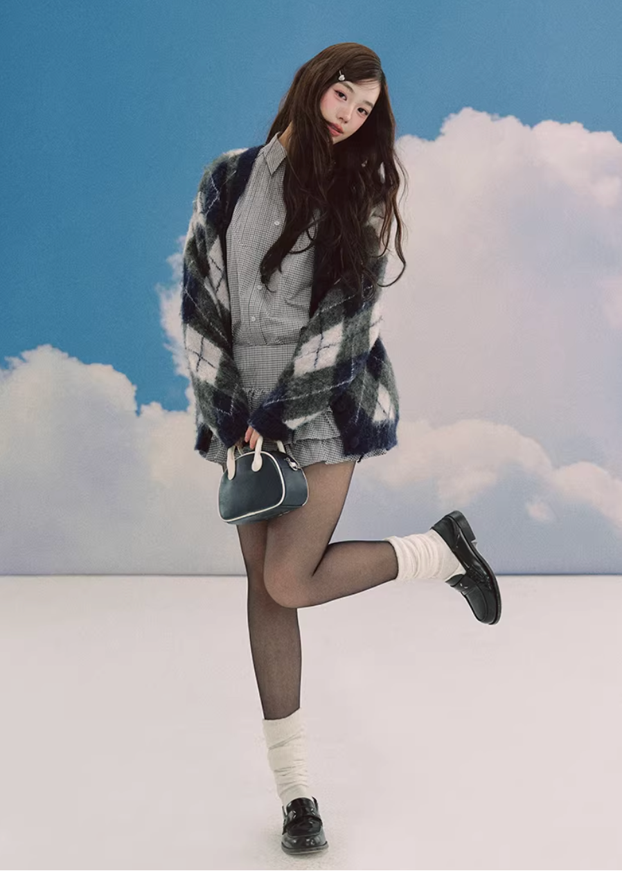 LaluneDuCiel plaid skirt set women, Korean feminine prep outfit, vintage plaid shirt and skirt set, elegant Korean style twinset, soft academia fashion women, puffy mini skirt plaid set, chic Korean campus look, layered plaid skirt outfit, romantic prep style womenswear, versatile feminine plaid ensemble