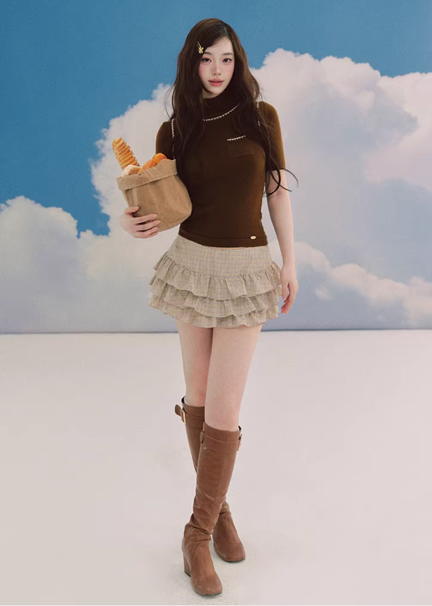 LaluneDuCiel plaid skirt set women, Korean feminine prep outfit, vintage plaid shirt and skirt set, elegant Korean style twinset, soft academia fashion women, puffy mini skirt plaid set, chic Korean campus look, layered plaid skirt outfit, romantic prep style womenswear, versatile feminine plaid ensemble