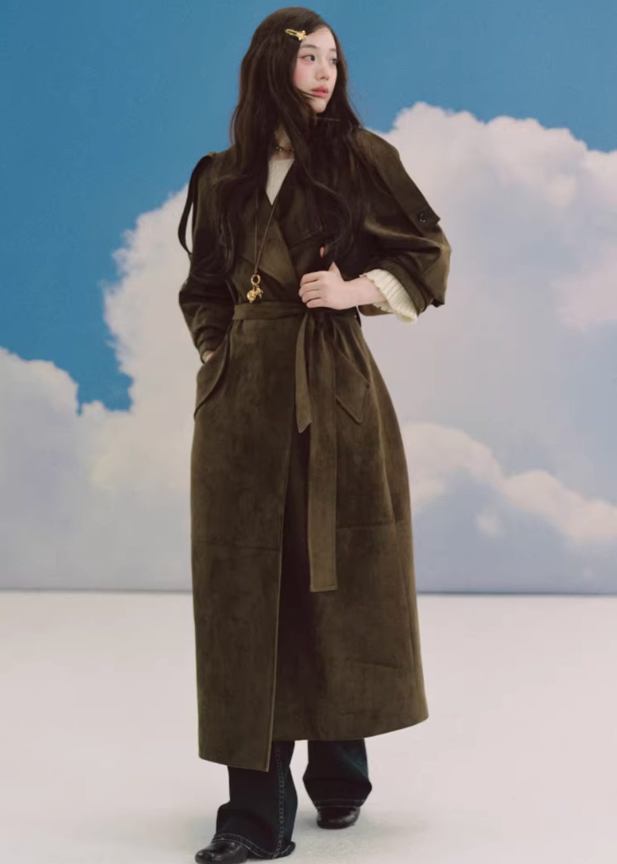 LaluneDuCiel suede trench coat women, Korean feminine long coat, mid length suede jacket women, elegant Korean style trench, urban casual suede coat, soft drape trench outerwear, versatile feminine long jacket, chic Korean fashion coat, relaxed suede mid coat women, retro inspired trench coat