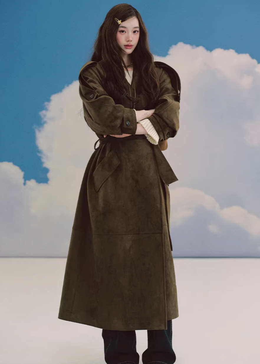 LaluneDuCiel suede trench coat women, Korean feminine long coat, mid length suede jacket women, elegant Korean style trench, urban casual suede coat, soft drape trench outerwear, versatile feminine long jacket, chic Korean fashion coat, relaxed suede mid coat women, retro inspired trench coat