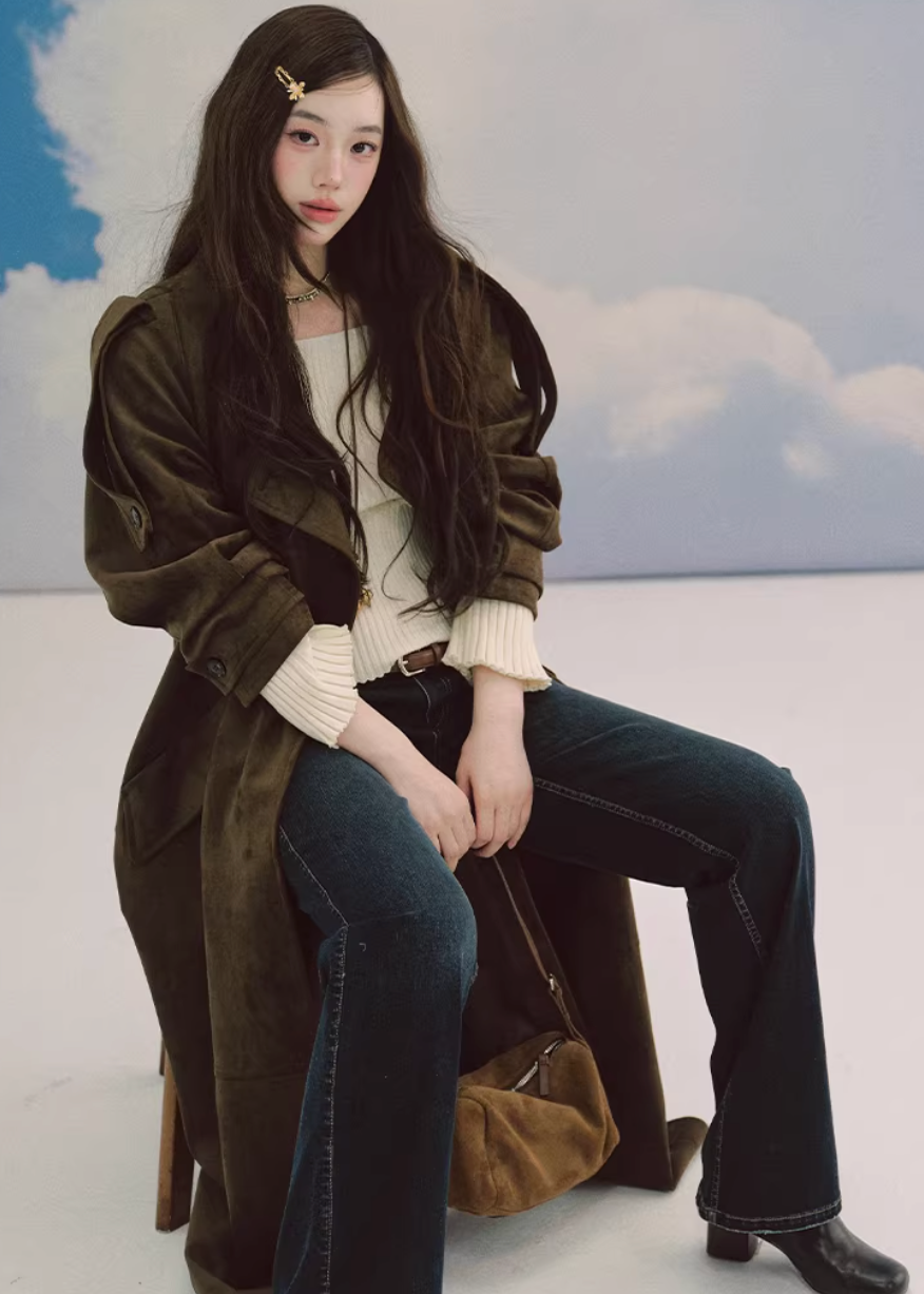 LaluneDuCiel suede trench coat women, Korean feminine long coat, mid length suede jacket women, elegant Korean style trench, urban casual suede coat, soft drape trench outerwear, versatile feminine long jacket, chic Korean fashion coat, relaxed suede mid coat women, retro inspired trench coat