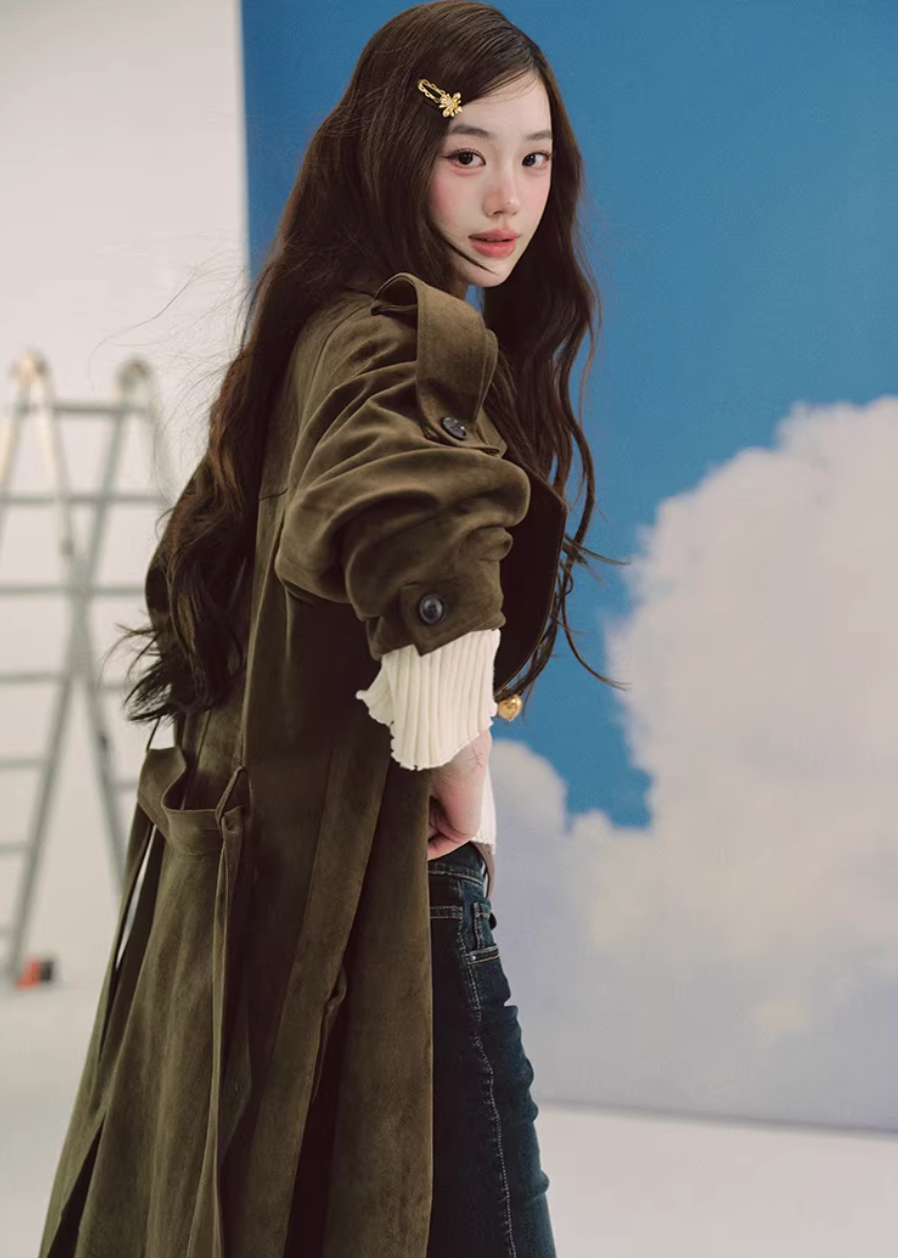 LaluneDuCiel suede trench coat women, Korean feminine long coat, mid length suede jacket women, elegant Korean style trench, urban casual suede coat, soft drape trench outerwear, versatile feminine long jacket, chic Korean fashion coat, relaxed suede mid coat women, retro inspired trench coat