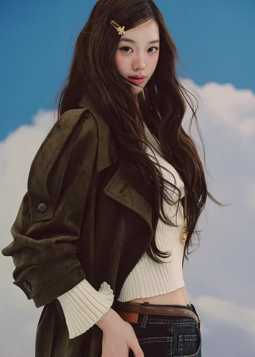 LaluneDuCiel suede trench coat women, Korean feminine long coat, mid length suede jacket women, elegant Korean style trench, urban casual suede coat, soft drape trench outerwear, versatile feminine long jacket, chic Korean fashion coat, relaxed suede mid coat women, retro inspired trench coat