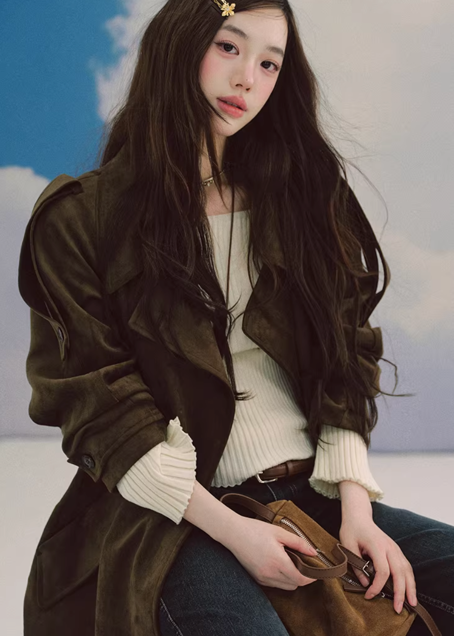 LaluneDuCiel suede trench coat women, Korean feminine long coat, mid length suede jacket women, elegant Korean style trench, urban casual suede coat, soft drape trench outerwear, versatile feminine long jacket, chic Korean fashion coat, relaxed suede mid coat women, retro inspired trench coat