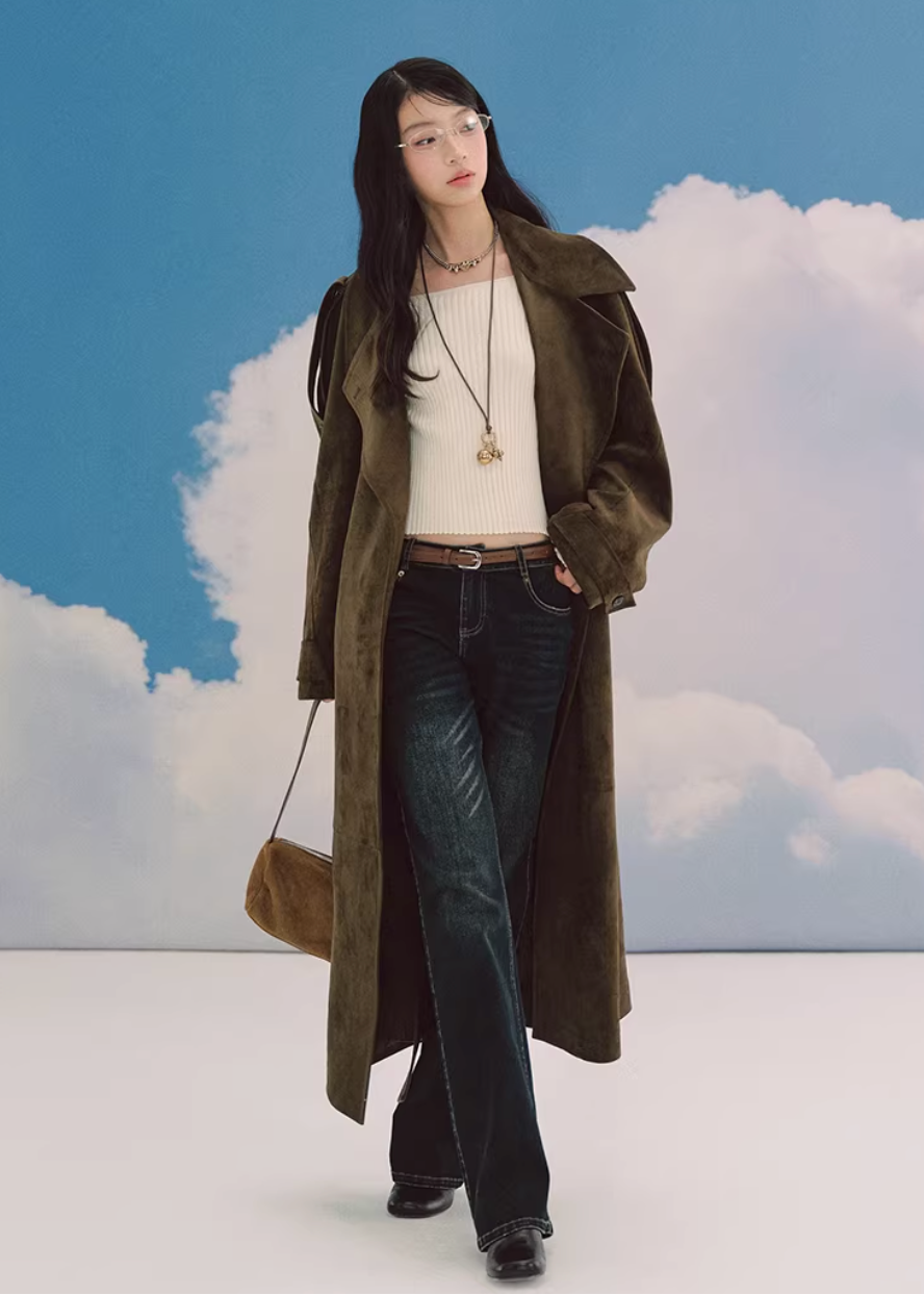 LaluneDuCiel suede trench coat women, Korean feminine long coat, mid length suede jacket women, elegant Korean style trench, urban casual suede coat, soft drape trench outerwear, versatile feminine long jacket, chic Korean fashion coat, relaxed suede mid coat women, retro inspired trench coat