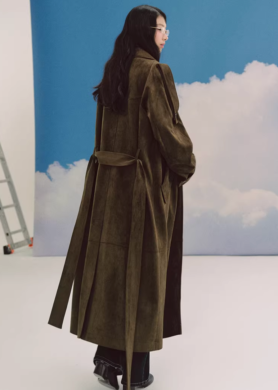 LaluneDuCiel suede trench coat women, Korean feminine long coat, mid length suede jacket women, elegant Korean style trench, urban casual suede coat, soft drape trench outerwear, versatile feminine long jacket, chic Korean fashion coat, relaxed suede mid coat women, retro inspired trench coat