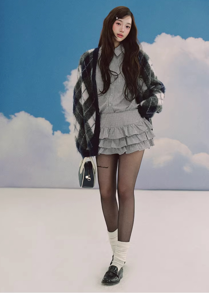 LaluneDuCiel argyle cardigan women, Korean feminine knit cardigan, collegiate style sweater women, vintage argyle knit cardigan, cozy oversized cardigan Korean fashion, soft academia knitwear women, elegant Korean style sweater, casual feminine cardigan outfit, spring knit cardigan women, chic Korean fashion knitwear