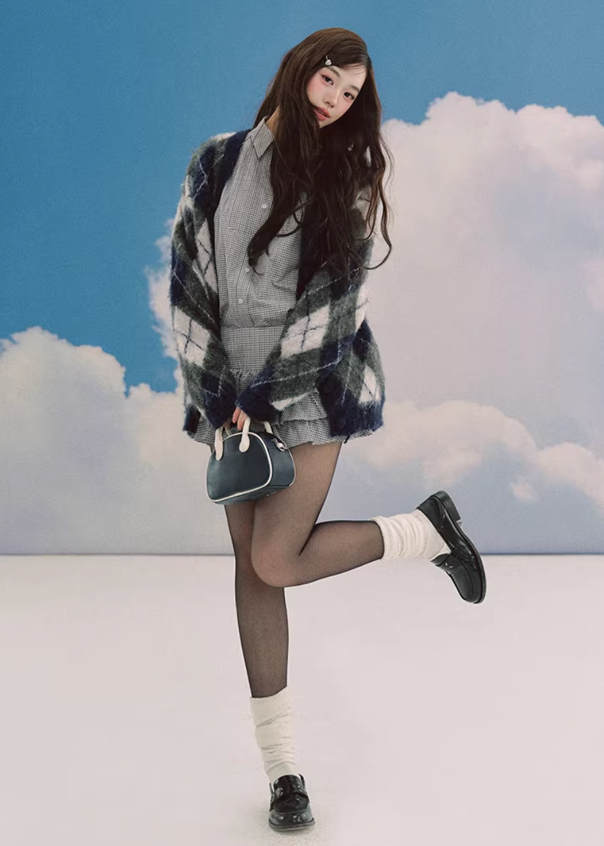 LaluneDuCiel argyle cardigan women, Korean feminine knit cardigan, collegiate style sweater women, vintage argyle knit cardigan, cozy oversized cardigan Korean fashion, soft academia knitwear women, elegant Korean style sweater, casual feminine cardigan outfit, spring knit cardigan women, chic Korean fashion knitwear
