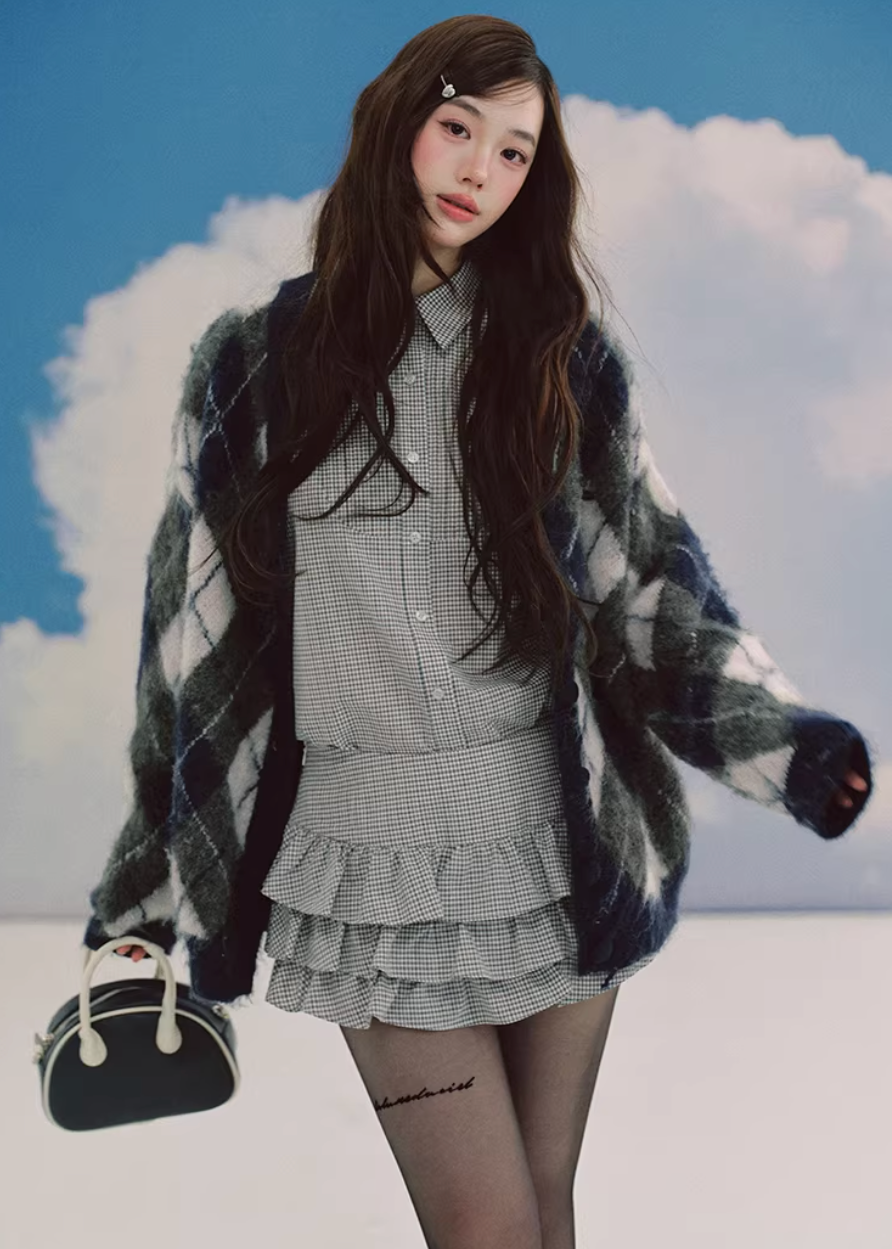 LaluneDuCiel argyle cardigan women, Korean feminine knit cardigan, collegiate style sweater women, vintage argyle knit cardigan, cozy oversized cardigan Korean fashion, soft academia knitwear women, elegant Korean style sweater, casual feminine cardigan outfit, spring knit cardigan women, chic Korean fashion knitwear