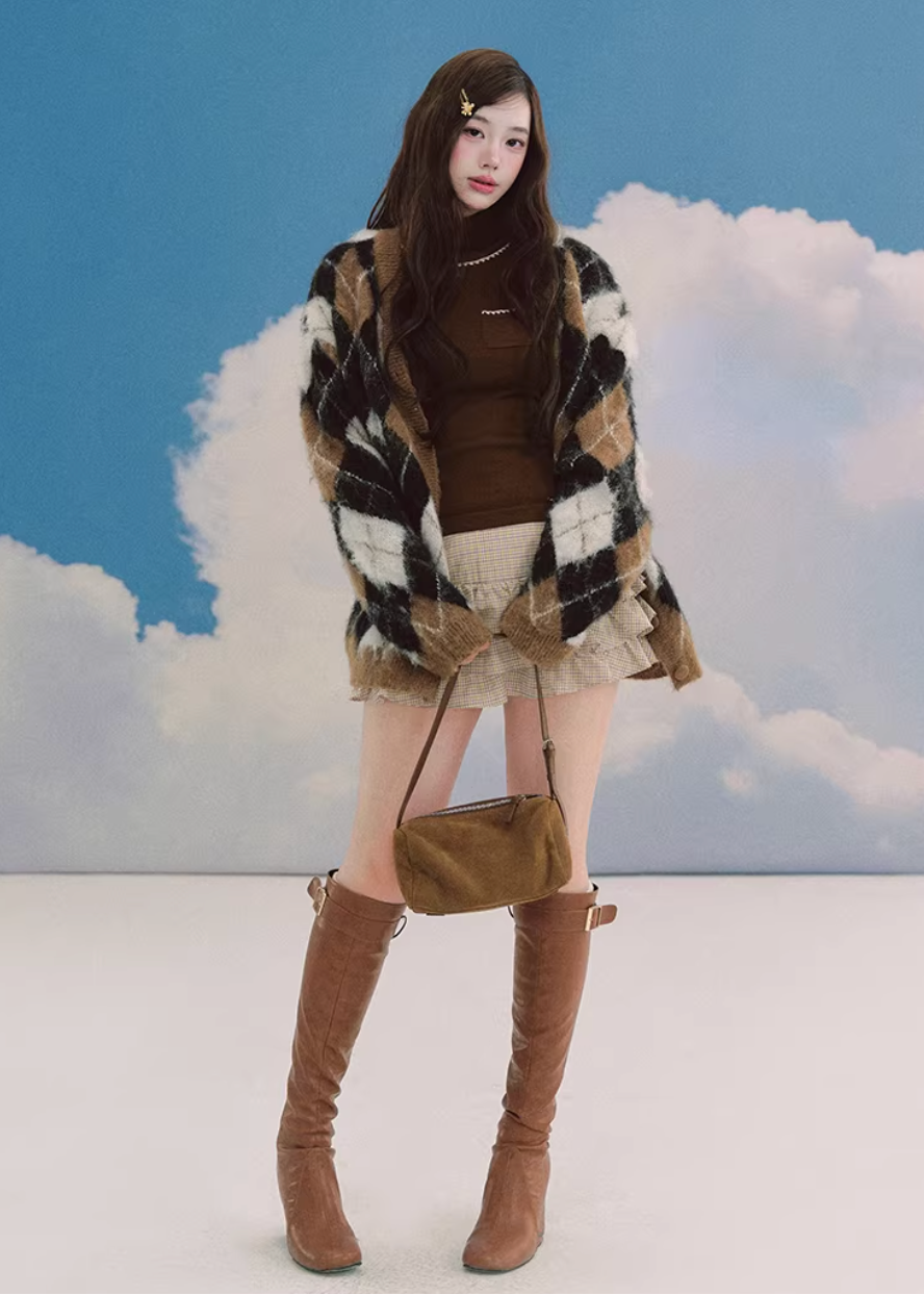 LaluneDuCiel argyle cardigan women, Korean feminine knit cardigan, collegiate style sweater women, vintage argyle knit cardigan, cozy oversized cardigan Korean fashion, soft academia knitwear women, elegant Korean style sweater, casual feminine cardigan outfit, spring knit cardigan women, chic Korean fashion knitwear