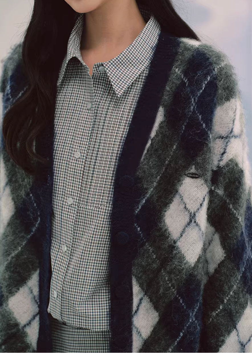 LaluneDuCiel argyle cardigan women, Korean feminine knit cardigan, collegiate style sweater women, vintage argyle knit cardigan, cozy oversized cardigan Korean fashion, soft academia knitwear women, elegant Korean style sweater, casual feminine cardigan outfit, spring knit cardigan women, chic Korean fashion knitwear