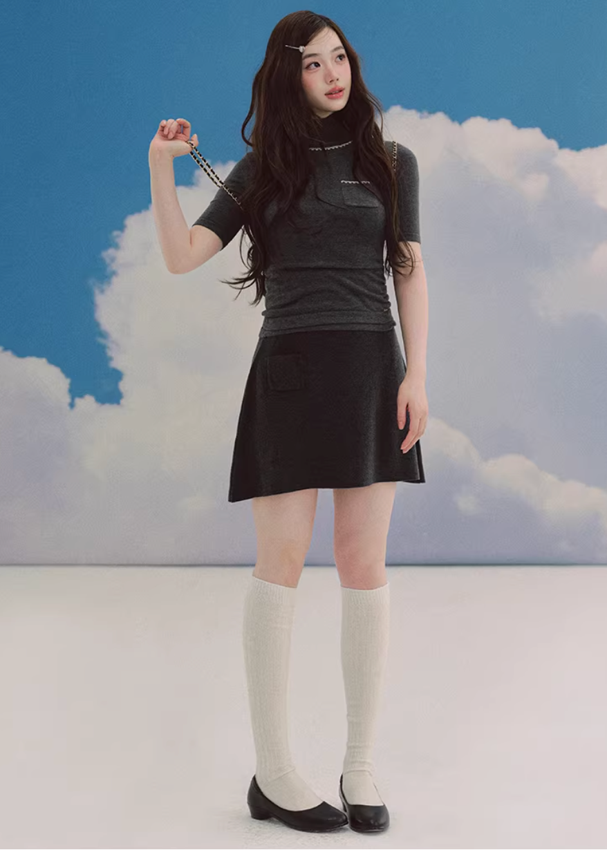 LaluneDuCiel layered knit top women, Korean slim high neck top, feminine two piece knit tee, elegant Korean style fitted top, chic minimal knit shirt women, slim short sleeve knit top Korean fashion, everyday feminine knitwear women, versatile layered tee Korean style, stylish Korean fashion top
