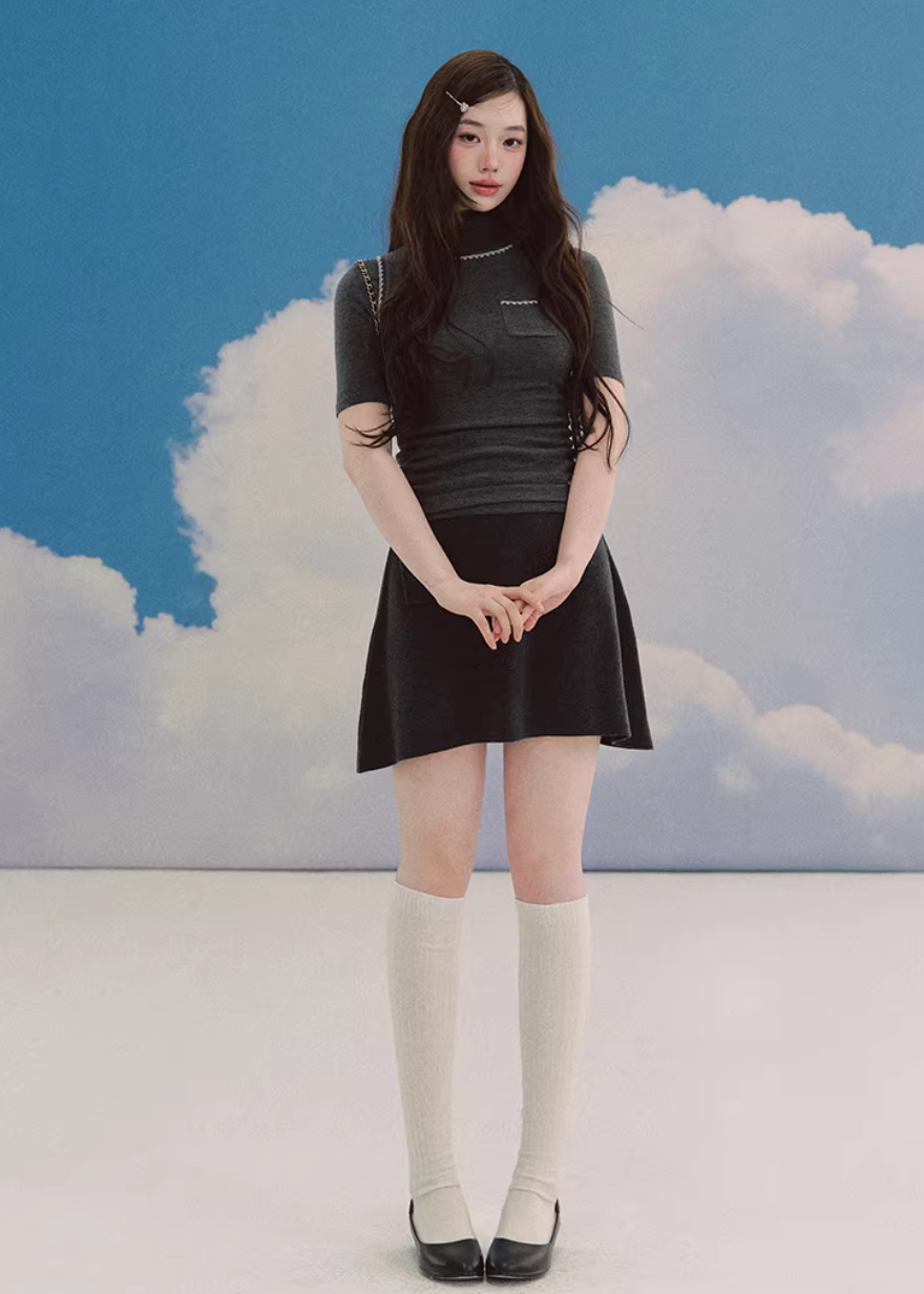 LaluneDuCiel layered knit top women, Korean slim high neck top, feminine two piece knit tee, elegant Korean style fitted top, chic minimal knit shirt women, slim short sleeve knit top Korean fashion, everyday feminine knitwear women, versatile layered tee Korean style, stylish Korean fashion top