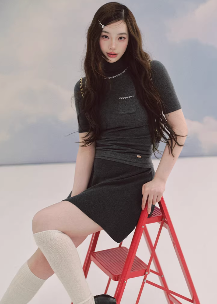 LaluneDuCiel layered knit top women, Korean slim high neck top, feminine two piece knit tee, elegant Korean style fitted top, chic minimal knit shirt women, slim short sleeve knit top Korean fashion, everyday feminine knitwear women, versatile layered tee Korean style, stylish Korean fashion top