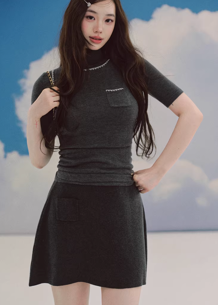 LaluneDuCiel layered knit top women, Korean slim high neck top, feminine two piece knit tee, elegant Korean style fitted top, chic minimal knit shirt women, slim short sleeve knit top Korean fashion, everyday feminine knitwear women, versatile layered tee Korean style, stylish Korean fashion top