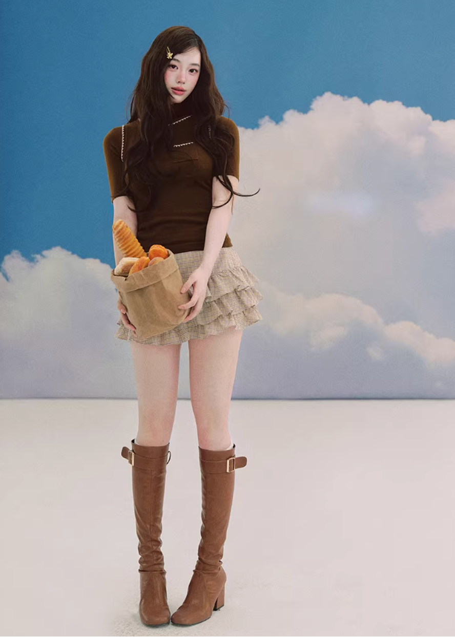LaluneDuCiel layered knit top women, Korean slim high neck top, feminine two piece knit tee, elegant Korean style fitted top, chic minimal knit shirt women, slim short sleeve knit top Korean fashion, everyday feminine knitwear women, versatile layered tee Korean style, stylish Korean fashion top