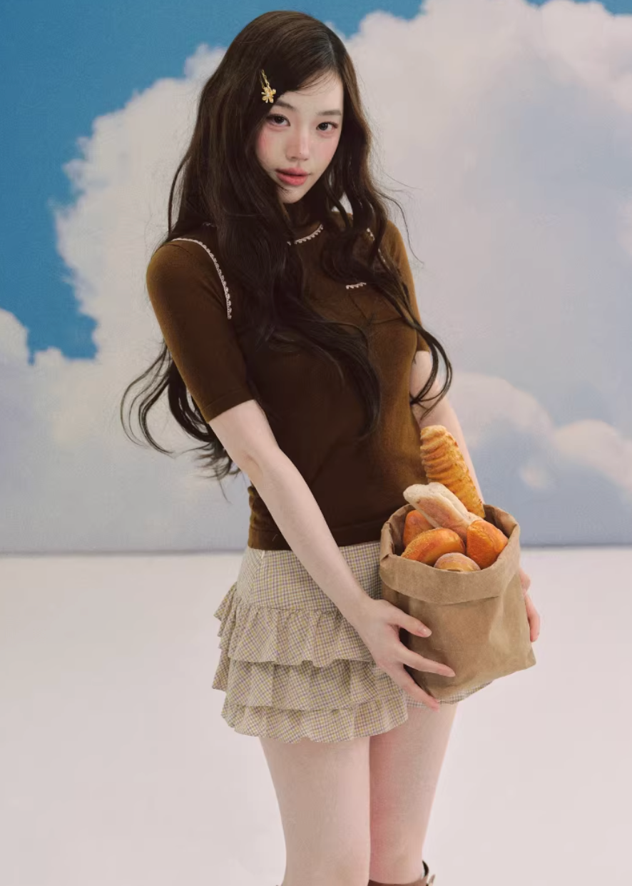 LaluneDuCiel layered knit top women, Korean slim high neck top, feminine two piece knit tee, elegant Korean style fitted top, chic minimal knit shirt women, slim short sleeve knit top Korean fashion, everyday feminine knitwear women, versatile layered tee Korean style, stylish Korean fashion top