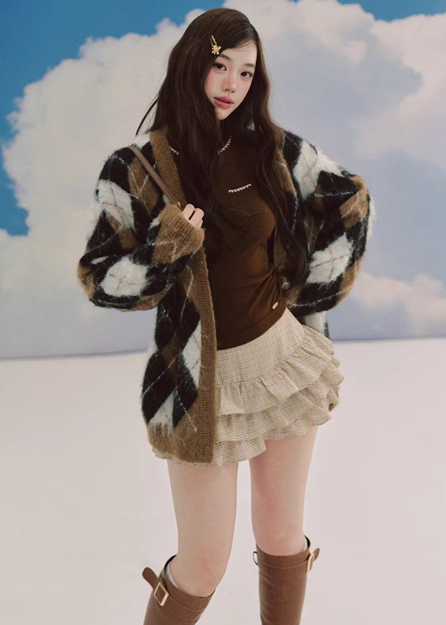 LaluneDuCiel layered knit top women, Korean slim high neck top, feminine two piece knit tee, elegant Korean style fitted top, chic minimal knit shirt women, slim short sleeve knit top Korean fashion, everyday feminine knitwear women, versatile layered tee Korean style, stylish Korean fashion top