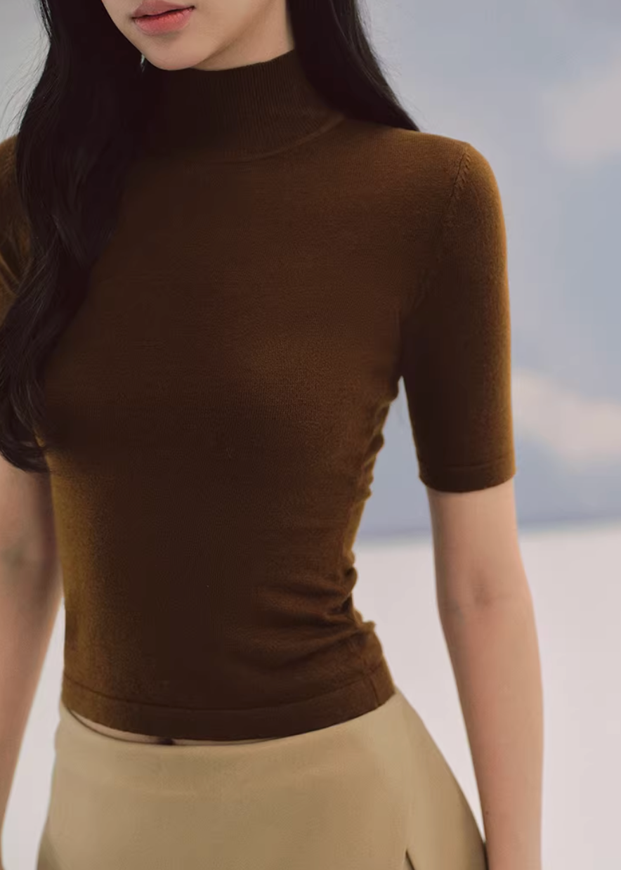 LaluneDuCiel layered knit top women, Korean slim high neck top, feminine two piece knit tee, elegant Korean style fitted top, chic minimal knit shirt women, slim short sleeve knit top Korean fashion, everyday feminine knitwear women, versatile layered tee Korean style, stylish Korean fashion top