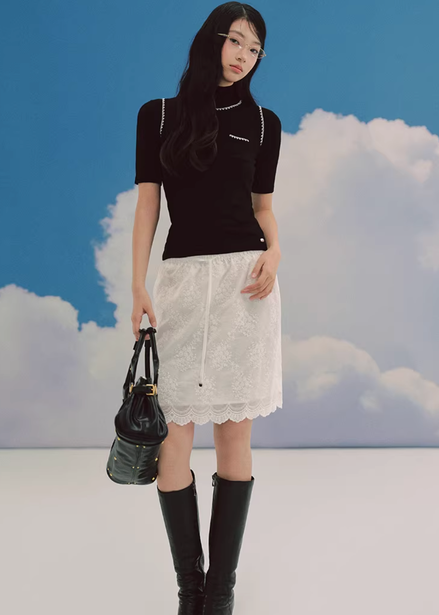 LaluneDuCiel layered knit top women, Korean slim high neck top, feminine two piece knit tee, elegant Korean style fitted top, chic minimal knit shirt women, slim short sleeve knit top Korean fashion, everyday feminine knitwear women, versatile layered tee Korean style, stylish Korean fashion top