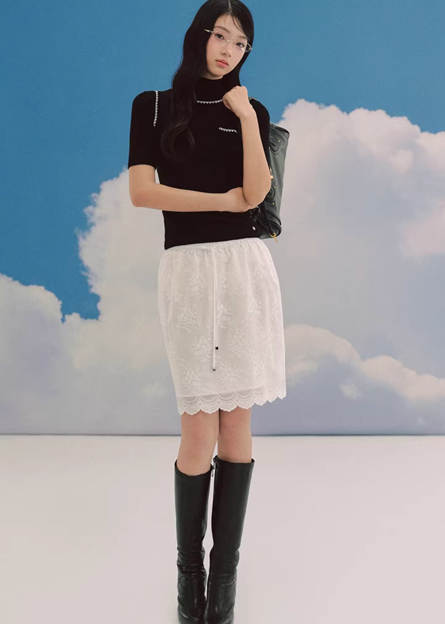 LaluneDuCiel layered knit top women, Korean slim high neck top, feminine two piece knit tee, elegant Korean style fitted top, chic minimal knit shirt women, slim short sleeve knit top Korean fashion, everyday feminine knitwear women, versatile layered tee Korean style, stylish Korean fashion top